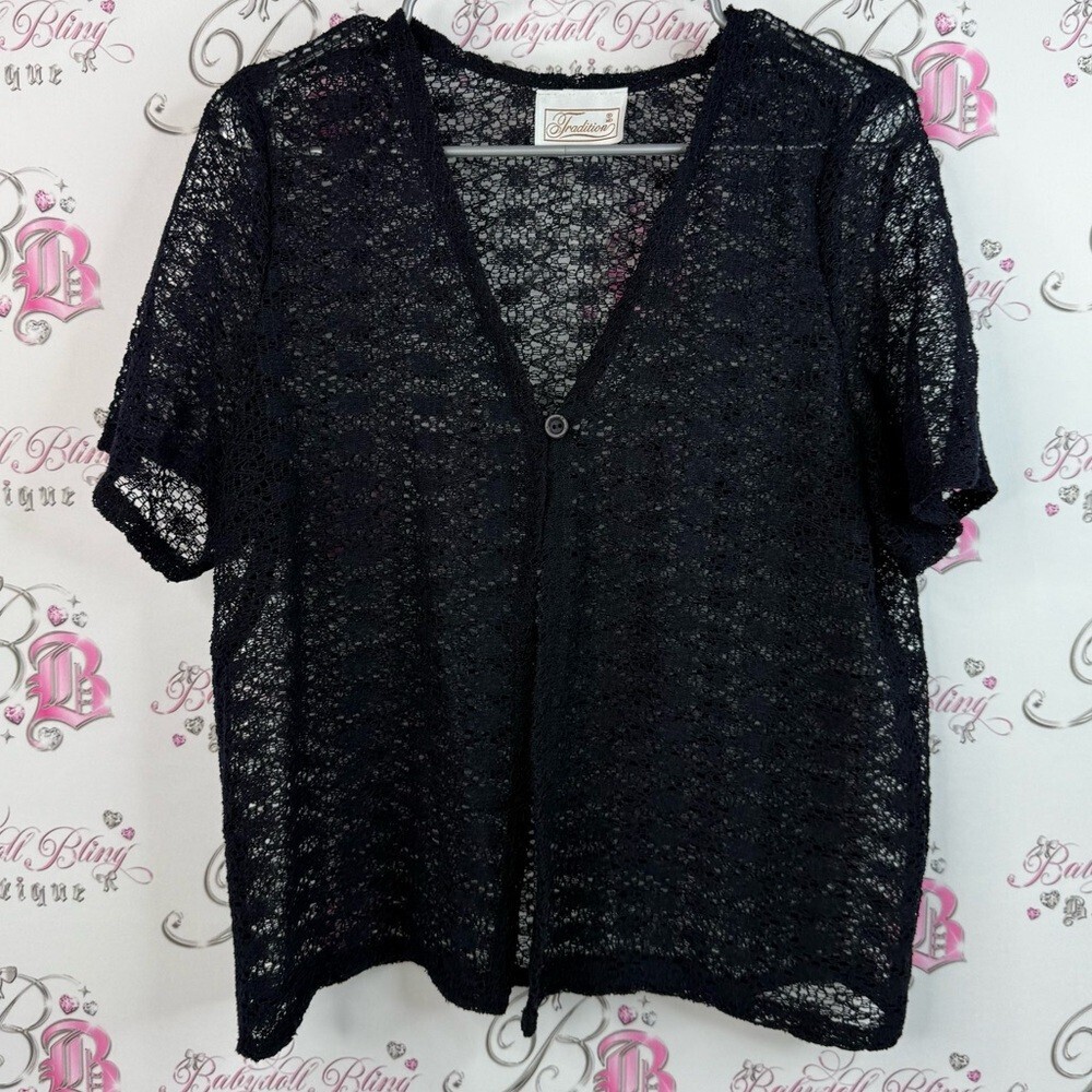 Tradition cardigan button up T-shirt, Bolero shrug Chic Black Lace Women Blouse